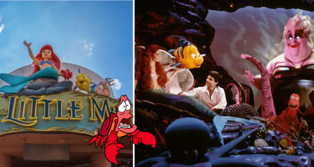 The Voyage of the Little Mermaid attraction sign welcomes guests as they enter an immersive animatronic scene featuring Ariel, Prince Eric, Ursula, Sebastian, and Flounder from the beloved Disney classic.