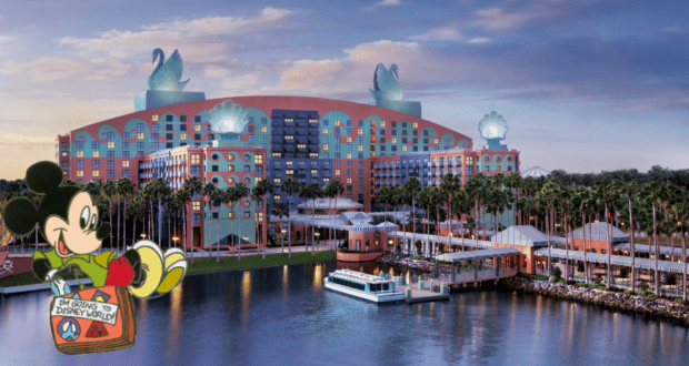 Mickey Mouse, suitcase in hand, greets guests as he stands outside the vibrant waterfront Walt Disney World Swan and Dolphin Resort at sunset, with iconic swan statues perched on the rooftop and a magical Disney atmosphere all around.