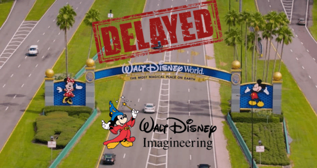 Walt Disney World entrance sign features a bold "DELAYED" stamp and the Walt Disney Imagineering logo, a playful nod for fans familiar with the postponed Lake Nona campus project.