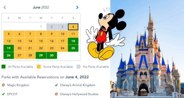 Check your June 2022 Disney park reservation availability, with Mickey Mouse and Cinderella Castle in the background, as entry may be limited based on Walt Disney World capacity.