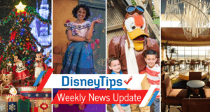 A festive collage of Walt Disney World highlights: sparkling holiday decorations, magical character encounters with favorites like Mickey and Minnie, smiling kids enjoying the parks, and the inviting atmosphere of a Disney resort lounge. Featured in this week’s DisneyTips news update.