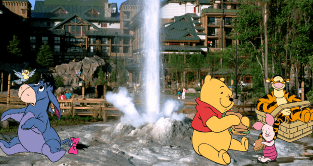 Winnie the Pooh and friends gather by a sparkling fountain in front of Disney's Wilderness Lodge, surrounded by lush trees, capturing that signature Disney Resort magic in an inviting outdoor setting.