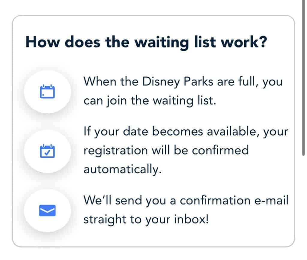 Disney Parks waiting list information with playful calendar icons and easy-to-follow steps for signing up and receiving your confirmation email, now featuring new updates tailored just for Disneyland Paris fans eager to join the Waiting List.
