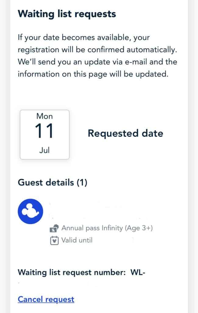 Disneyland Paris virtual waiting list page featuring a selected visit date, ticket holder information, and an option to cancel the reservation request.