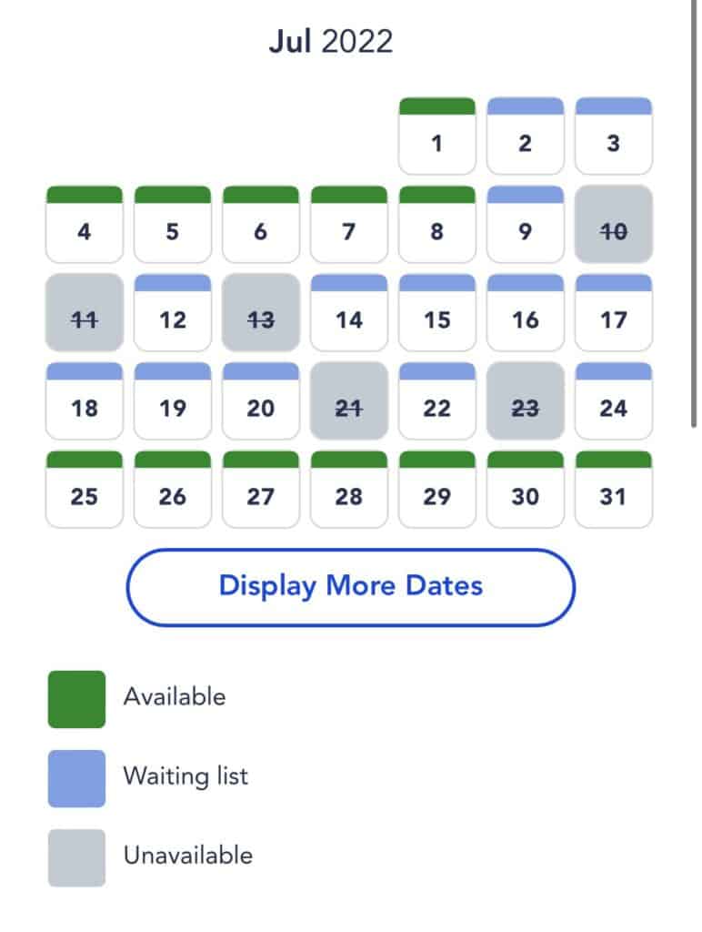 July 2022 Disneyland Paris calendar highlighting ticket availability: green dates for available park entry, blue for Waiting List opportunities, and gray for sold-out days.