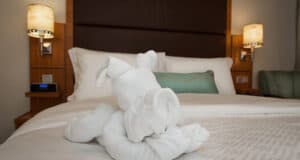 A towel folded into the shape of a dog sits on a neatly made bed with white linens in a Disney Cruise Verandah Stateroom, two pillows, a green cushion, and two lit bedside lamps completing the cozy scene.