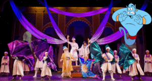 Aladdin, Jasmine, and other beloved characters dazzle the audience onstage at Disney California Adventure’s Aladdin – A Musical Spectacular, as Genie floats nearby in his signature cartoon style, creating an unforgettable Broadway-caliber experience.