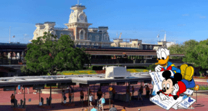 Mickey Mouse and Donald Duck consult a park map just inside the gates of Disney World, standing in front of the iconic clock tower as they map out their next adventure. Around them, guests can spot signs of fresh Disney refurbishments that August has brought to the park, hinting at exciting updates ahead.