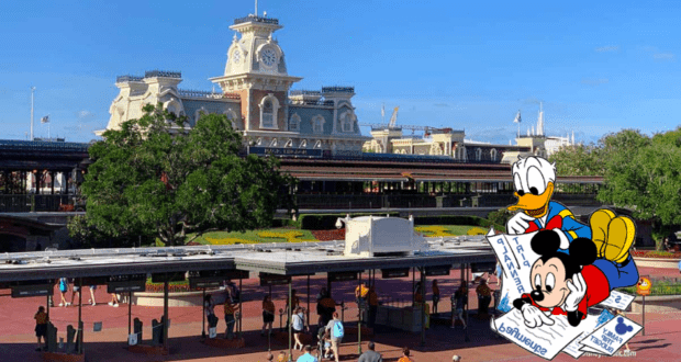 Mickey Mouse and Donald Duck consult a park map just inside the gates of Disney World, standing in front of the iconic clock tower as they map out their next adventure. Around them, guests can spot signs of fresh Disney refurbishments that August has brought to the park, hinting at exciting updates ahead.