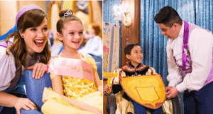 Young guests at Bibbidi Bobbidi Boutique show off their regal makeovers, with one dressed as a princess and the other as a knight, beaming alongside Cast Members after their enchanting transformation.