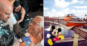 A Disney fan receives a Bob Gurr tattoo while standing beside the iconic monorail, with Mickey Mouse cheerfully waving in the foreground.