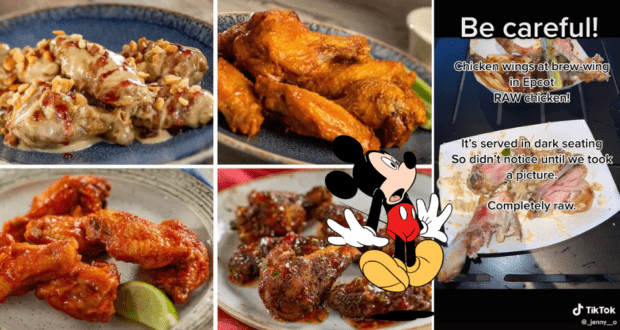 A platter of four delicious chicken wing varieties at EPCOT’s Brew-Wing, alongside a food safety notice about undercooked chicken, and a wide-eyed, startled Mickey Mouse cartoon—all part of the Disney Food & Wine Festival experience.
