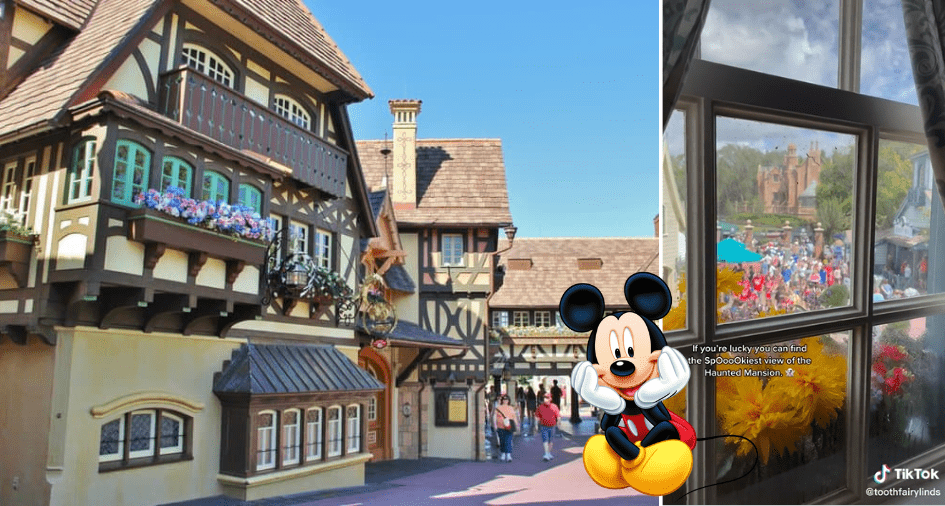 Columbia Harbour House at Disney World bustles with excited guests, as Mickey Mouse’s image welcomes everyone from a prominent window.