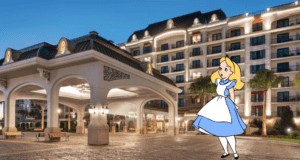 Disney princess in a sparkling blue dress poses at the illuminated entrance of a luxury Disney Resort hotel at dusk, capturing the magical atmosphere beloved by theme park guests.
