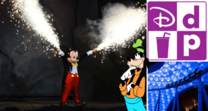 Mickey Mouse enjoying a dazzling fireworks display, Goofy lost in thought over possible D23 Expo announcements, a symbol for Disney’s dining plan, and an attraction illuminated with vibrant blue lights at a Disney park.