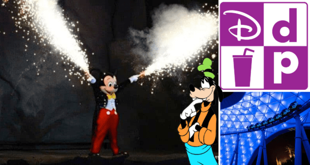 Mickey Mouse enjoying a dazzling fireworks display, Goofy lost in thought over possible D23 Expo announcements, a symbol for Disney’s dining plan, and an attraction illuminated with vibrant blue lights at a Disney park.