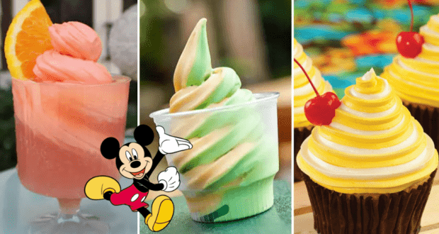 Experience the whimsy of Disney Parks with three vibrant frozen treats, featuring a swirl soft serve DOLE Whip, all crowned with cherries, an orange slice, and an iconic Mickey Mouse-shaped garnish—infusing every bite with signature Disney enchantment.
