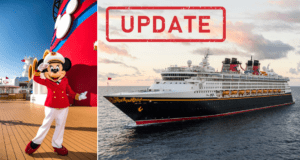 Mickey Mouse dressed as a captain greets guests on the deck of a Disney cruise ship, with the word "UPDATE" displayed and a CDC Cruise ship sailing in the background.