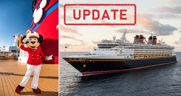 Mickey Mouse dressed as a captain greets guests on the deck of a Disney cruise ship, with the word "UPDATE" displayed and a CDC Cruise ship sailing in the background.