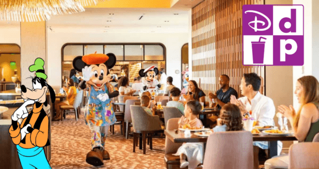 Guests enjoy meals in a bustling Disney restaurant as favorite characters like Goofy make appearances, creating magical dining experiences; the Disney Dining Plan logo and a playful graphic of Goofy add to the fun atmosphere.