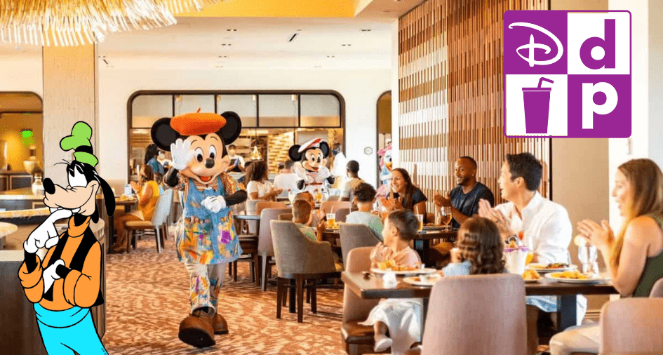Guests enjoy meals in a bustling Disney restaurant as favorite characters like Goofy make appearances, creating magical dining experiences; the Disney Dining Plan logo and a playful graphic of Goofy add to the fun atmosphere.