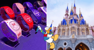 A vibrant display of MagicBands, featuring the latest MagicBand+ Disney edition. Donald Duck proudly showcases a MagicBand+ with the iconic Cinderella Castle standing tall in the background at Walt Disney World.