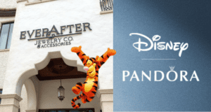 The Ever After Jewelry Co. exterior at Disney Springs showcases a cheerful Tigger figure alongside eye-catching Disney Pandora logos set against a vivid blue backdrop, inviting Disney fans to explore exclusive jewelry collections in a lively atmosphere.
