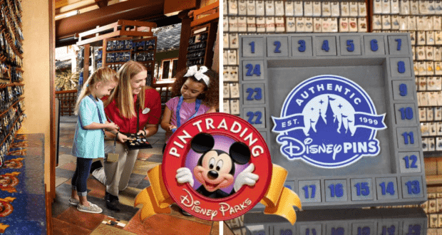 Guests at EPCOT engage in Disney Pin Trading with a Cast Member, alongside a colorful Pin Trading board and the official Disney Pin Trading logo.