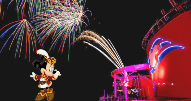 Mickey Mouse dressed as a pirate poses by the dazzling fireworks and the Disney Wish’s red funnel, bringing Pirate Night to life for guests during an unforgettable Disney cruise celebration.