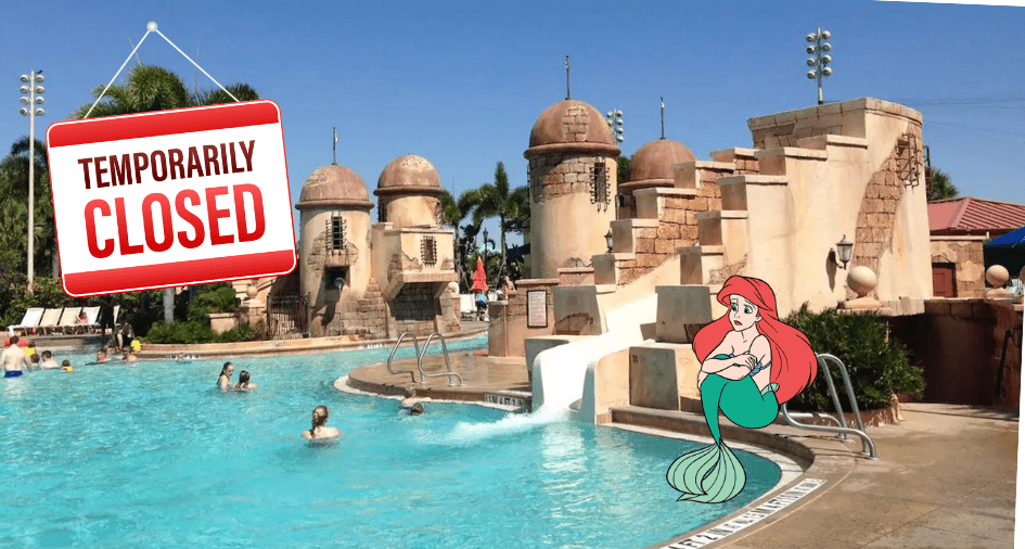 A “Temporarily Closed” sign is displayed at a Disney Resort pool, where Ariel from The Little Mermaid sits beside the water, evoking the playful atmosphere fans expect from Disney destinations.