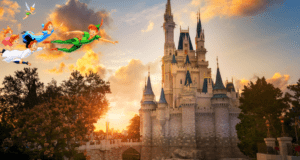 Peter Pan and his friends fly high above a storybook castle at Disneyland during sunset, surrounded by enchanting trees and whimsical clouds for a truly magical experience.