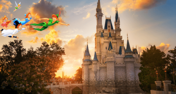 Peter Pan and his friends fly high above a storybook castle at Disneyland during sunset, surrounded by enchanting trees and whimsical clouds for a truly magical experience.