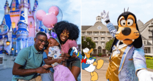 A joyful family grips colorful balloons while taking in the magic of Disney Parks; with Goofy and Donald Duck welcoming guests near a Disney Vacation Club Resort, these are the unforgettable moments made possible by Disney Vacation Club points.