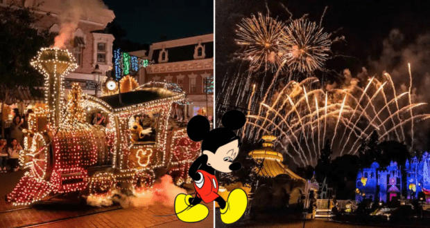 Mickey Mouse takes center stage as the radiant Main Street Electrical Parade floats by, while brilliant Disneyland Forever fireworks paint the sky, creating an unforgettable nighttime spectacle at Disneyland.