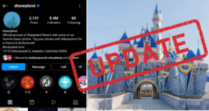 Disneyland’s official Instagram profile page featuring the iconic Sleeping Beauty Castle, boldly marked with a prominent red "UPDATE" stamp. Below, a statement announces that Disneyland's account has been hacked, alerting fans and followers.