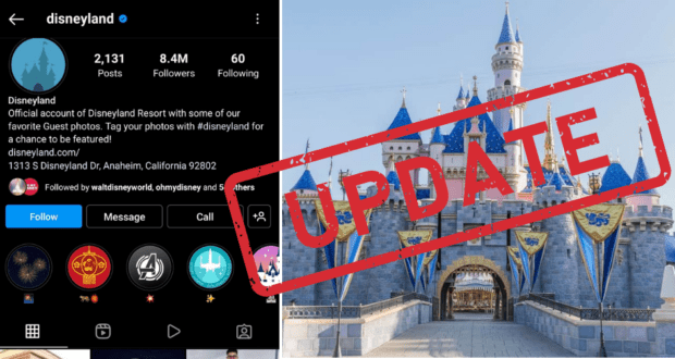 Disneyland’s official Instagram profile page featuring the iconic Sleeping Beauty Castle, boldly marked with a prominent red "UPDATE" stamp. Below, a statement announces that Disneyland's account has been hacked, alerting fans and followers.