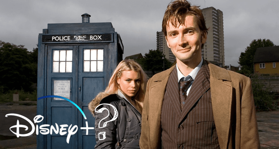 Doctor Who characters stand beside the TARDIS, with the Disney+ logo and a question mark hinting at an exciting new collaboration for Disney+ fans.