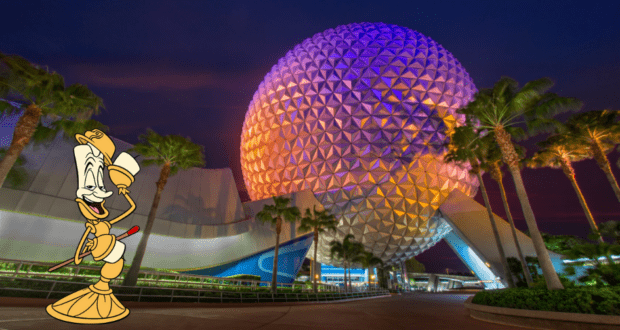 Lumière greets guests in front of EPCOT’s glowing Spaceship Earth, framed by palm trees under the night sky.