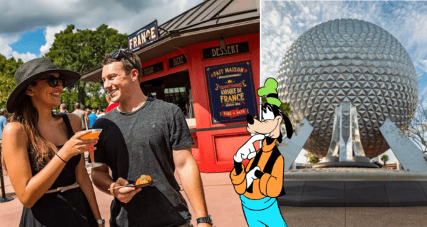Guests savor delicious food and drinks beside the France pavilion at EPCOT, with Goofy mingling nearby and Spaceship Earth looming in the background—capturing the spirit of EPCOT’s renowned beverage seminars.