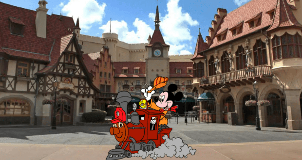 Mickey Mouse takes the conductor’s seat on a whimsical cartoon train as it rolls through a charming European-inspired town square at EPCOT, surrounded by ornate, German-style architecture.