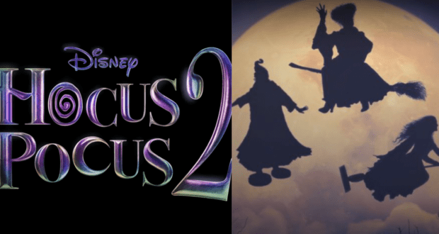 Hocus Pocus 2 logo with the iconic Sanderson Sisters—Bette Midler and her magical coven—soaring on brooms before a glowing full moon, evoking the spellbinding atmosphere of a Disney Halloween event.