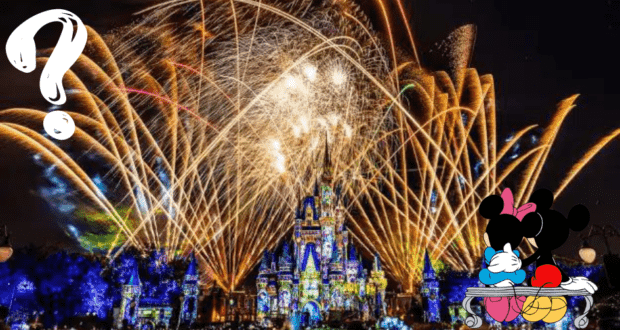 Brilliant fireworks light up the night sky above Cinderella Castle, as Mickey and Minnie Mouse share a warm embrace under the magical Happily Ever After show, with a bold white question mark on the left hinting at surprises to come.