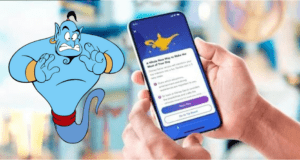 A Disney guest uses the Genie app on their smartphone to view Individual Lightning Lane options, with the playful blue Genie character appearing alongside for magical assistance.
