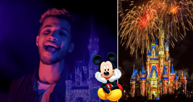 Mickey Mouse illustration and dazzling fireworks illuminate Cinderella Castle at Disney World, with a smiling guest enjoying the enchanting Happily Ever After nighttime spectacular.