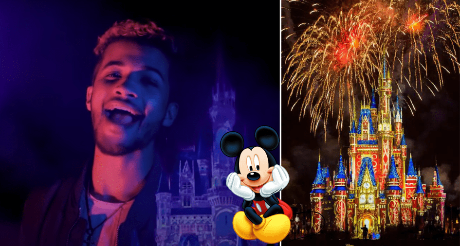 Mickey Mouse illustration and dazzling fireworks illuminate Cinderella Castle at Disney World, with a smiling guest enjoying the enchanting Happily Ever After nighttime spectacular.