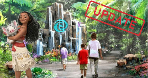 Moana cradles Pua the pig as guests make their way toward a lush waterfall in the Journey of Water, Inspired by Moana attraction, with a bold red "UPDATE" stamp overlaying the scene.