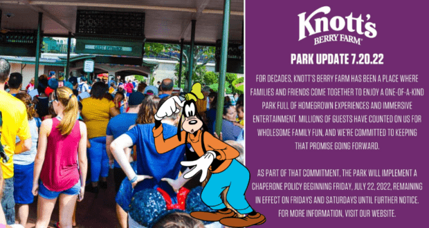 Excited guests make their way through the iconic Knott’s Berry Farm gates as an announcement introduces the park's new chaperone policy launching July 22, 2022, with a playful Goofy cartoon featured on screen.