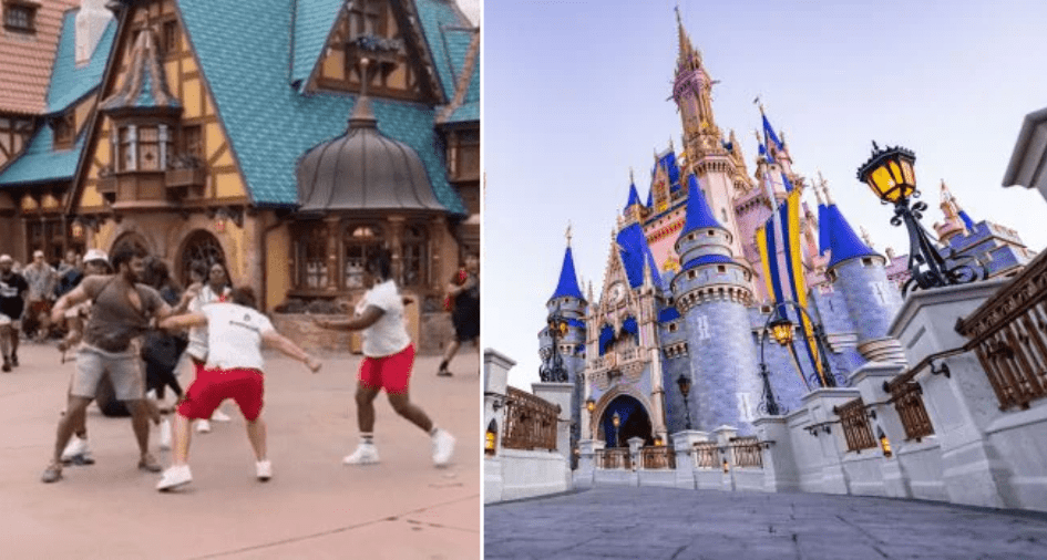 Guests in a heated altercation near Magic Kingdom's Main Street, U.S.A. on the left; Cinderella Castle with its signature blue rooftops rising majestically on the right.