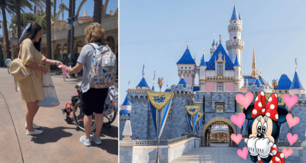 Guests experience a heartfelt exchange in front of Sleeping Beauty Castle at Disneyland, capturing a magical Disney moment enhanced by a Minnie Mouse sticker decorated with hearts that highlights the wonder and joy of the park.