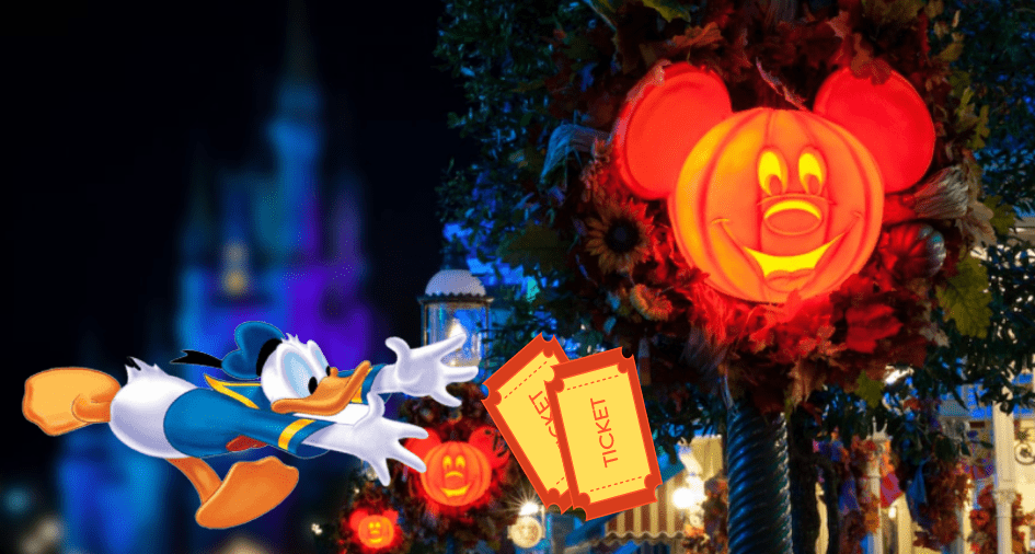 Donald Duck dashes after flying tickets beside a glowing Mickey-shaped pumpkin in the heart of Disneyland’s Halloween celebration, bringing to life the playful magic and excitement of Mickey’s Not-So-Scary Halloween Party.